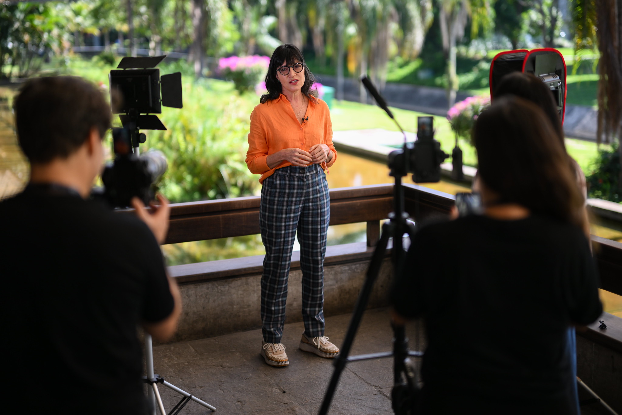 Andrea Bisker, spark:off Brasil, is interviewed at the Media Village during day two of Web Summit Rio 2023