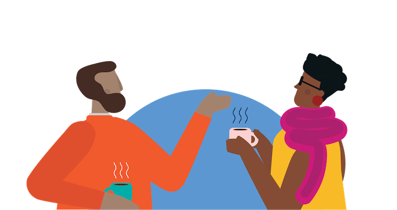An illustration of two people conversing while holding hot drinks in mugs.