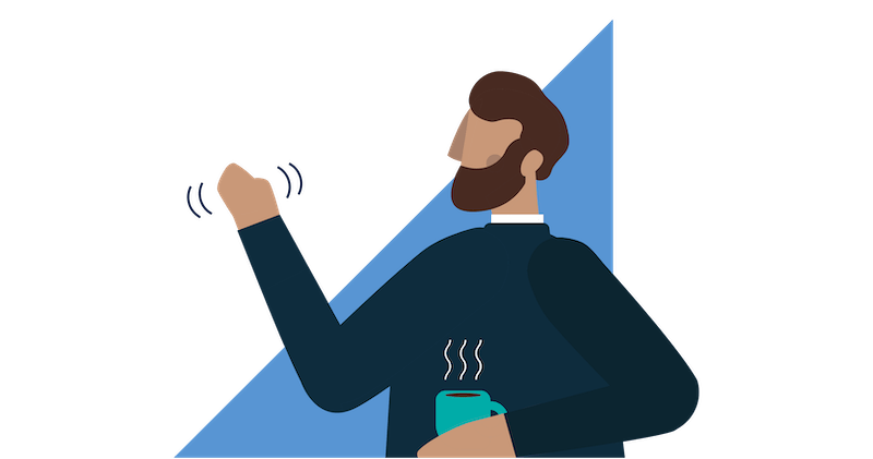 An illustration of a person waving. In their other hand, they're holding a mug filled with a hot beverage.