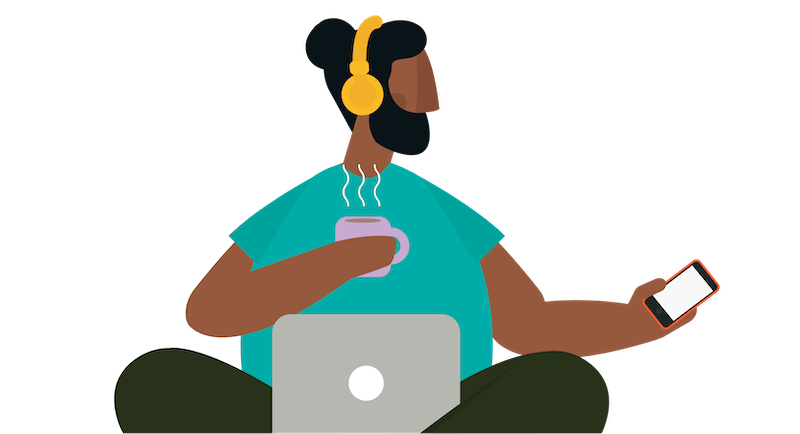 An illustration of a person sitting cross-legged. A laptop is between their legs, they're holding a mobile phone in one hand and a mug full of a hot beverage in the other, and they're wearing headphones.