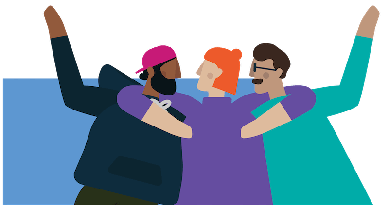 Illustration of three people who appear to be celebrating. The person in the centre has their arms around the necks of the two other people, apparently in an embrace.